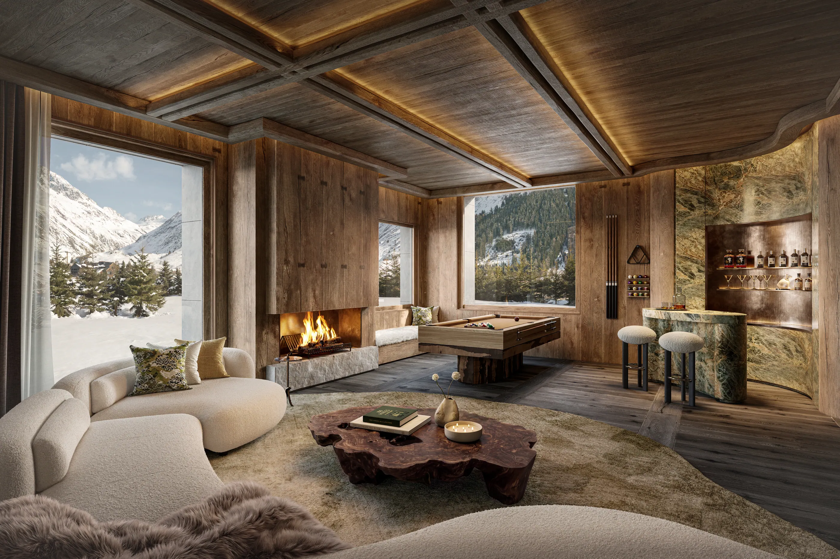Entertainment room with lounge seating, fireplace and bar