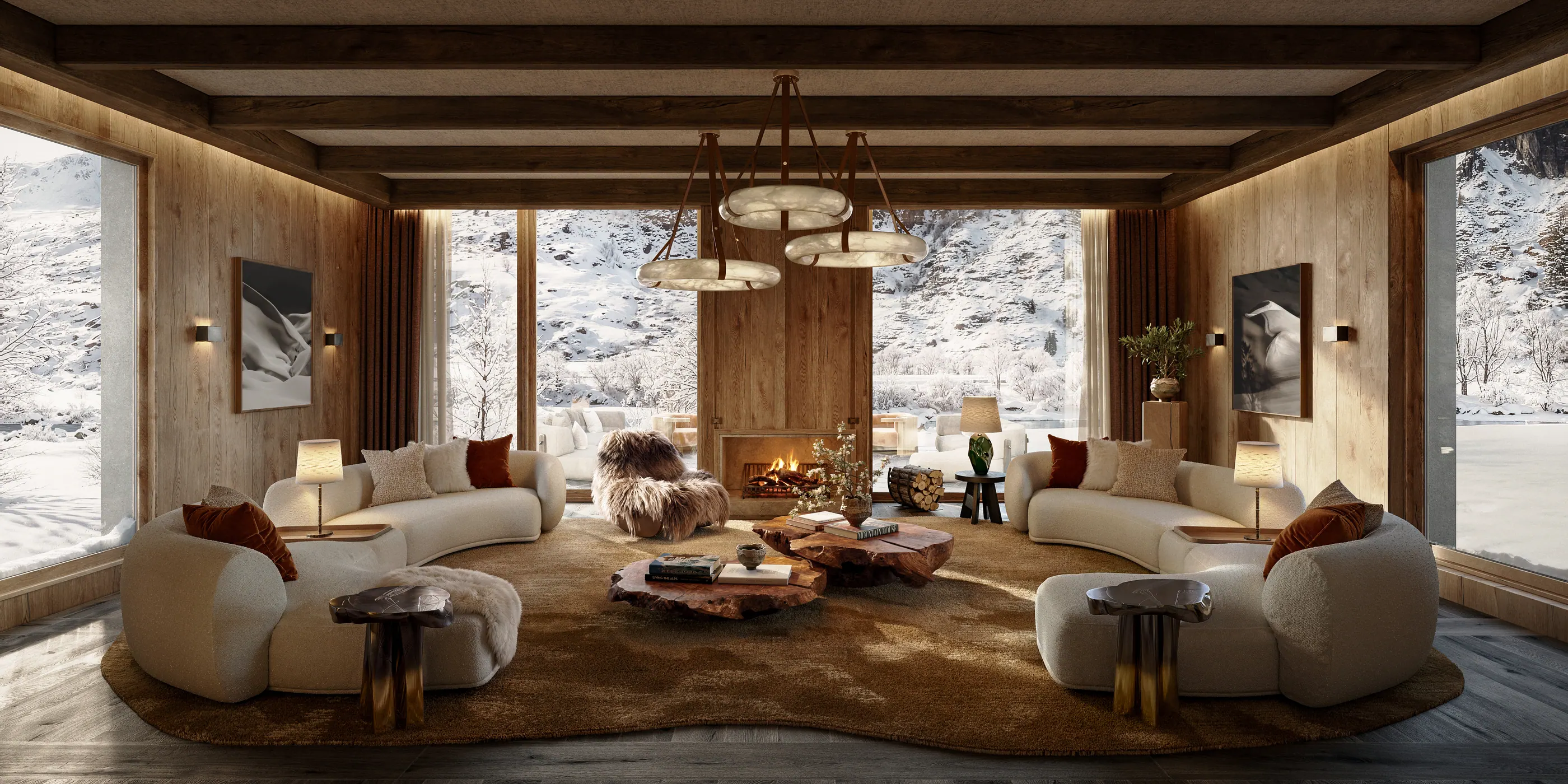 Living room with a fireplace and panoramic mountain views