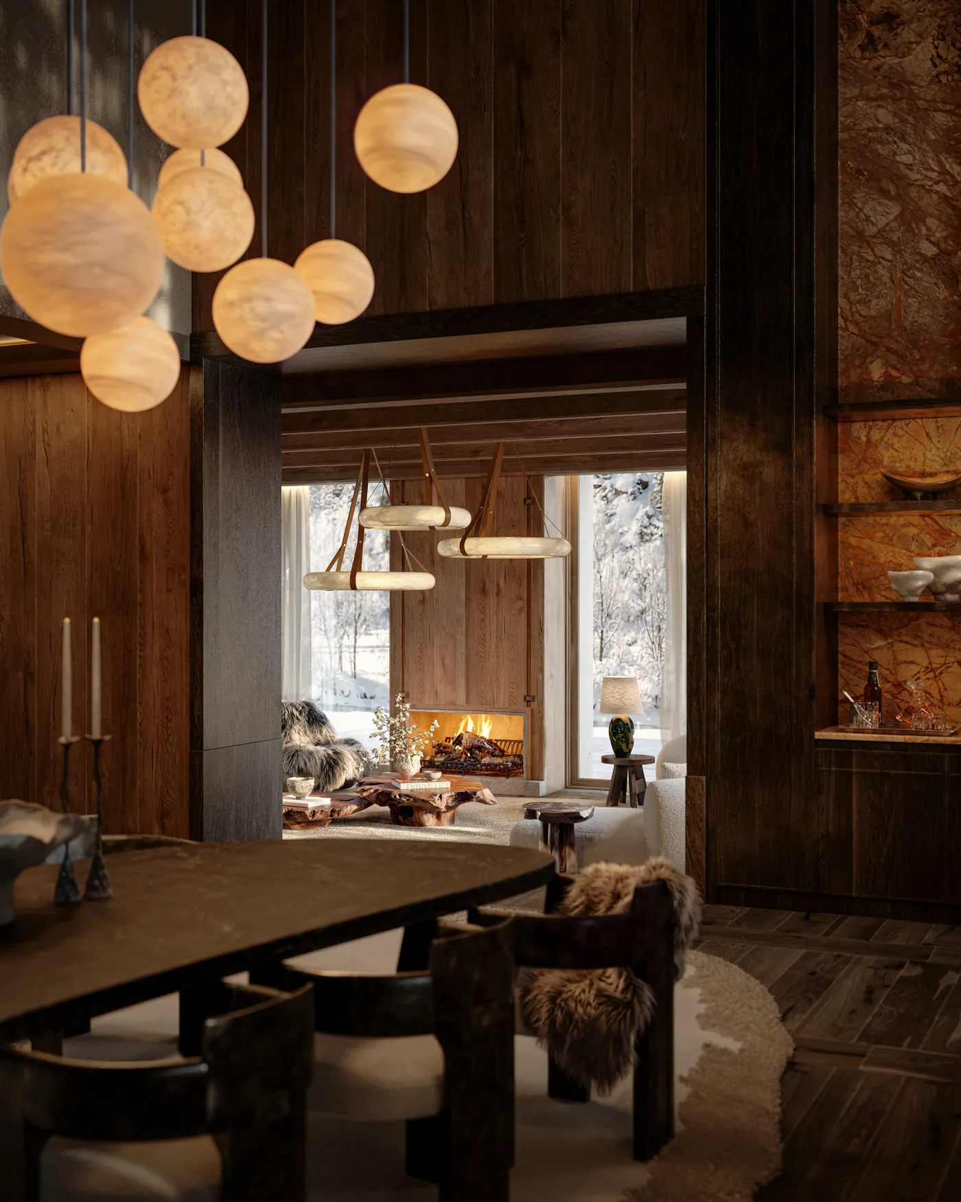 Dining room with alabaster pendant lights and a view through to the fireside lounge
