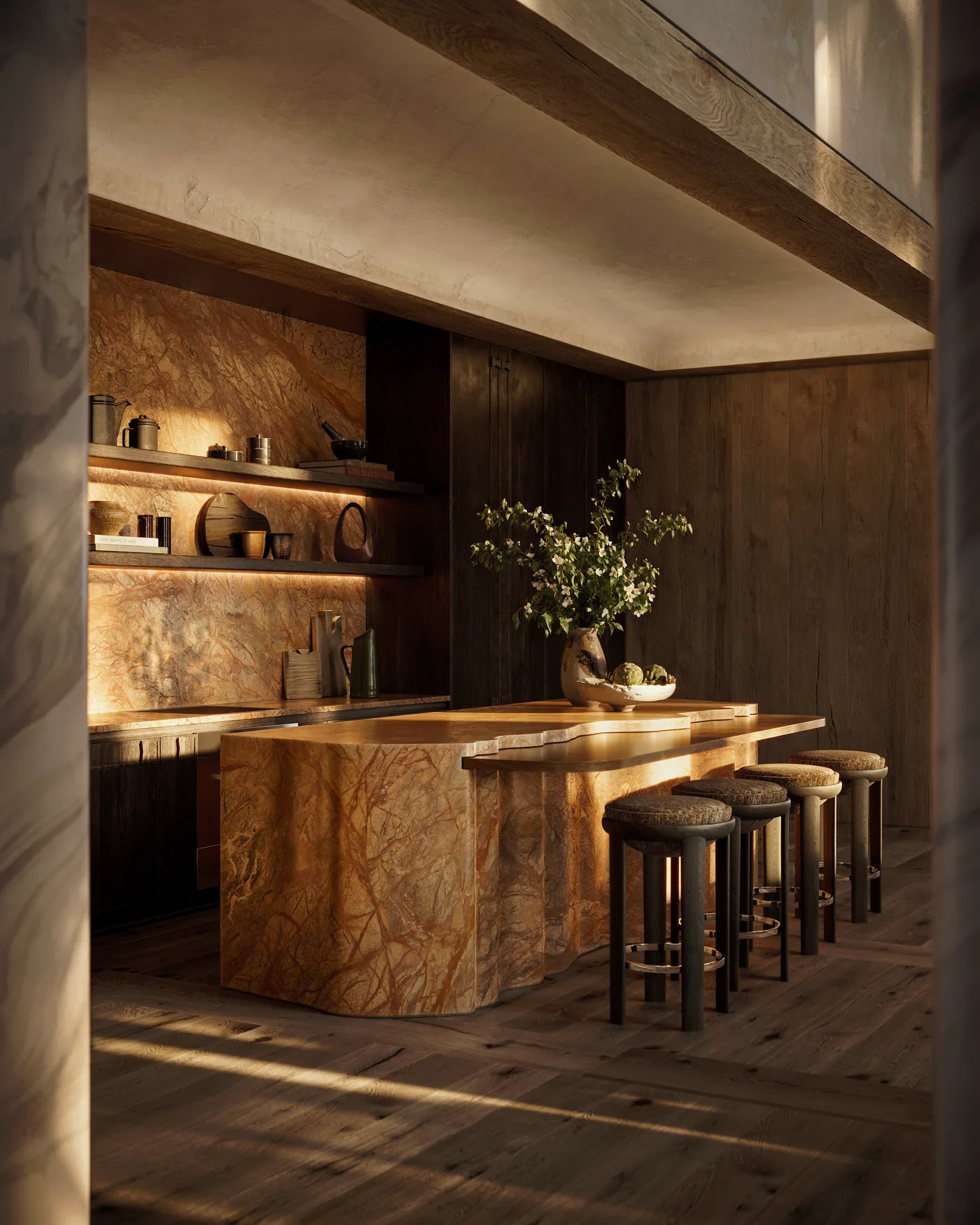 Kitchen with a sculpted marble island, open shelving and timber-clad walls