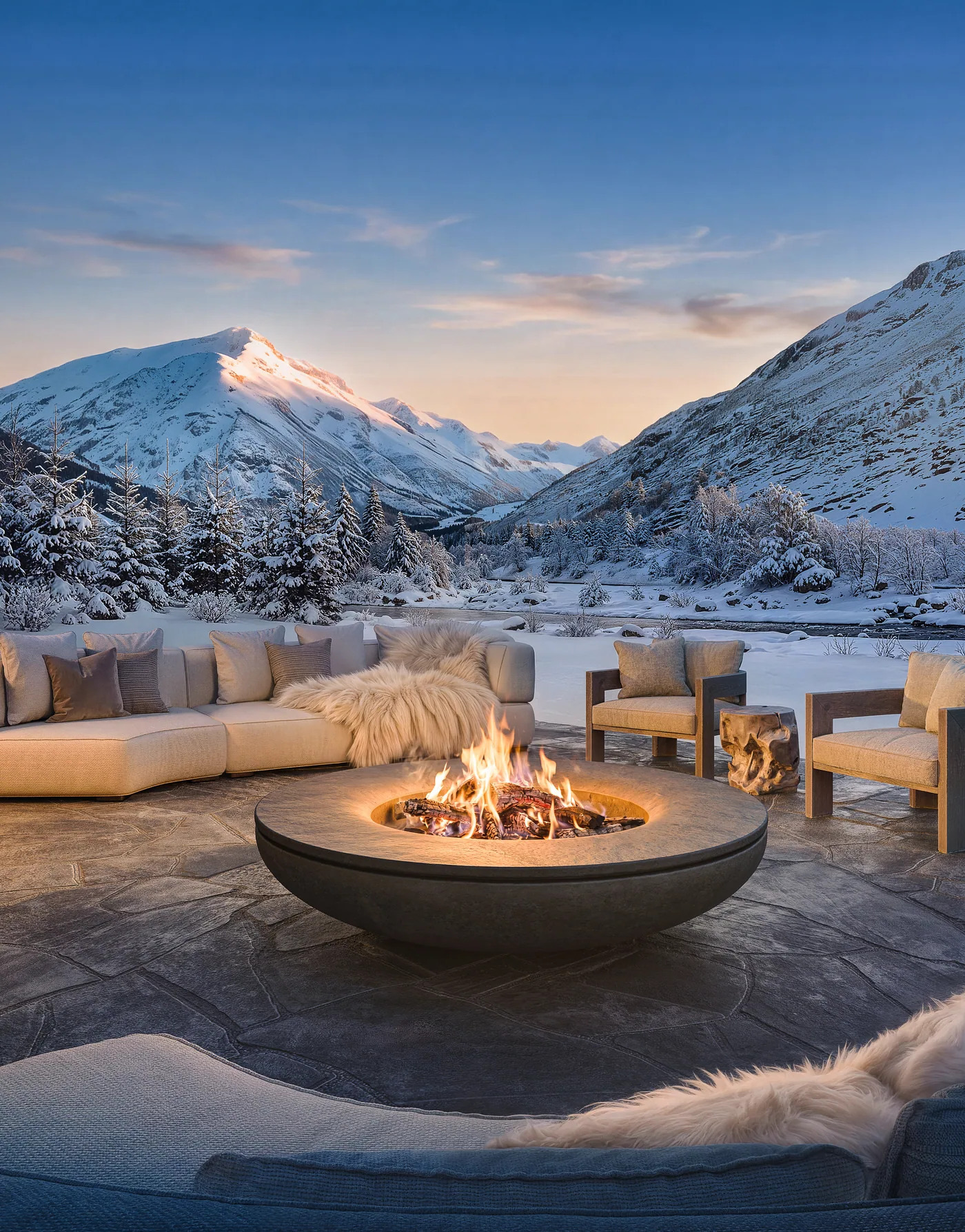 Terrace with a fire pit and lounge seating overlooking the snowbound valley at dusk